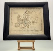 A framed European Map, ink and wash on coloured paper, drawn / signed by George Downie dated July