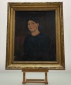 A 19thc School, Portrait of a seated girl wearing a red beaded necklace, oil on panel, in a gilt