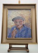 Contemporary School, Portrait of a man smoking a pipe, oil on canvas, unsigned, in a glazed