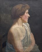 An Early 20th School, A Side Portrait of a woman wearing a pale blue shawl off the shoulder, oil