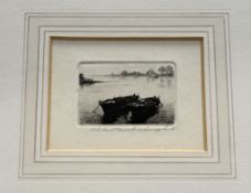 Maarten Langbroek (Dutch 1918-1985), Docked rowing boats by the lake, drypoint etching, signed