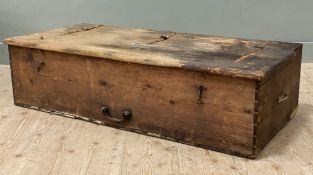 A 19th century pine chest, with Lt Col G.S. Russel inscription to plaque, hinged top lifting to