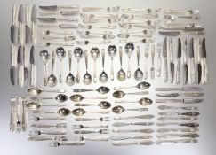 An Elkington plate Art Deco inspired suite of flatware to include twelve table knives: l. x 23.