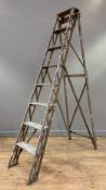 An early 20th century pine step ladder, rustic finish with eight steps: H. 212cm