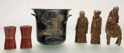 A collection of decorative wares comprising, a twin handle brass metal pot, with a hand-painted gold