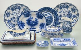 A collection of various blue and white wares comprising, a Johnson Bros square trinket dish, a Spode