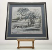 TR Oliver, Scots Pine at Winter Hedgerow Berwickshire, mixed media, signed and dated '84 bottom