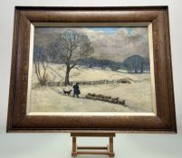 A 20thc School, A Wintery Field with Shepard, sheepdog and his sheep, oil on canvas, in a wooden