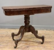 A 19th century mahogany card table, fold-over top with green baize-lined interior, on a central