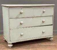 A 19th century painted pine chest of drawers, fitted with two short over two graduated long drawers,