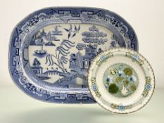 A 19thc Staffordshire style large serving meat platter in a blue willow pattern (stamp verso) (l-