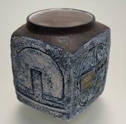 A Troika Cornwall square formvase in blue/green tones with Aztec and textured geometrical designs