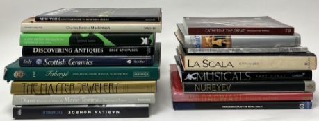 A collection of various coffee table books, comprising 'Musicals' by Kurt Ganzl, 'Charles Rennie