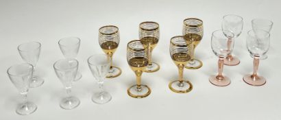 A mixed collection of licquor glasses, comprising six glasses of conical form, with cut glass