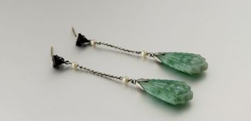A pair of Edwardian white metal carved leaf jadeite earrings with seed pearl drops: l. x 5.5cm