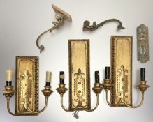A pair plus one small twin branch gilt wooden painted wall scones of panel form together with two