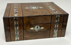 A Victorian burr walnut ladies jewellery box, with Tunbridge ware and mother of pearl inlaid