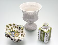 A collection of decorative wares comprising, a portuguese hand-painted green foliage garland ceramic