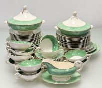 A Royal Cauldon green with bow garland pattern part dinner service comprising, two lidded tureens (