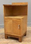 A 1930s bedside cabinet by Heal's of London, ledge back over open shelf and cupboard door to