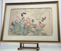 A 20thc Chinese School, Lilies and Butterflies, watercolour on coloured paper, with red seal mark to