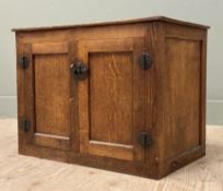 An Edwardian oak hall cupboard, rectangular top over twin inset panel doors enclosing storage to