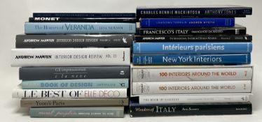 A large collection of various art and interiors coffee table books, comprising 'Charles Rennie