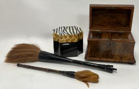 A Victorian bur walnut double tea caddy, raised on four bun feet (a/f lacking one foot), together