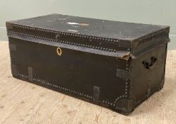 A 19th century leather bound trunk, iron-mounted with stud detail to top and sides, bearing H. B.
