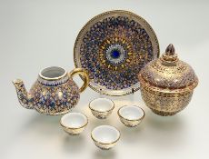A Thai Pipatana Benjarong style highly decorated part tea service comprising, a teapot (no cover (