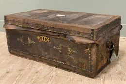 An early 19th century leather-bound trunk, by Seabrook of Cheapside, iron-mounted with stud detail
