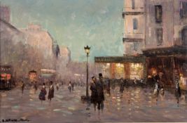 A French School, Paris Street Scenea at Night, oil on canvas, signed indistinctly bottom left, in