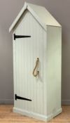 A modern painted storage cabinet, pedimented cornice over door to front, enclosing four shelves to