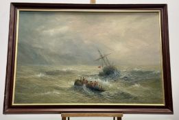 F Singer (20thc School), Rowboat with figures on rough sea with mast ship, oil on canvas, signed