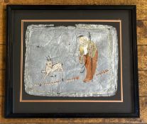 A Chinese School, painted tin-foil tea chest cover, depicting - The God of Longevity and the