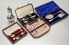 A epns dome topped table sugar castor: h. x 19cm together with a cased three-piece christening set