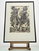 Falaka Armide Yimer (Ethiopian 1942-), Warriors fighting on horseback, woodcut print 8/37, signed