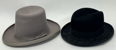 A black felt trilby hat by Tress & Co, London, together with a grey felt hat, size 7 1/4 (a/f to
