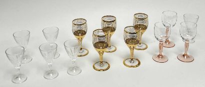 A mixed collection of liquor glasses, comprising six glasses of conical form, with cut glass