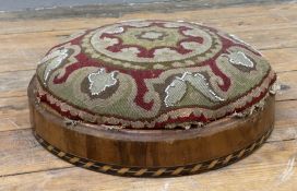 A Victorian inlaid circular footstool, needlework and bead cushion top on a round inlaid base: H.