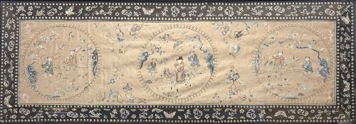 A 19thc/20thc Chinese silk-work panel, with three panels on cream ground each depicting various