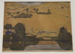 Beatrice S Levy (American 1892-1974),In a field with the Shepherd and flock, aquatint etching,
