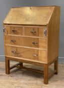A 1930s bureau by Heal's of London, satinwood and oak with fall-front revealing fitted interior,