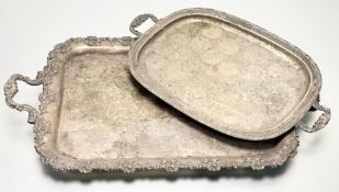 A large epns engraved two handled drinks tray with cast vine leaf and grape scrolling border and