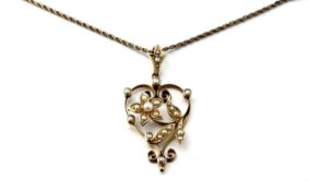 An Edwardian 14ct gold openwork pendant with floral and leaf set seed pearls: l. x 4cm 3.67g