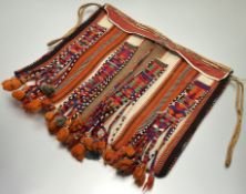 A 20thc Chuspa, possibly Peruvian, decorated with panels and polychrome geometric design, with