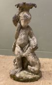 A 19th century composite stone garden statue/ fountain, with cherub holding floral pedestal and