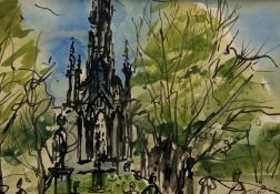 Sax Shaw (British 1916-2000), The Scott Monument in Princess Street, ink and wash on paper, signed