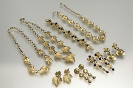 A collection vintage of gilt metal jewellery by Trifari circa 1970 with a pair of ivy leaf and