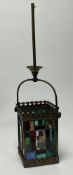 A Victorian gilt brass hall lantern with rectangular stained glass panels (h. 70cm)